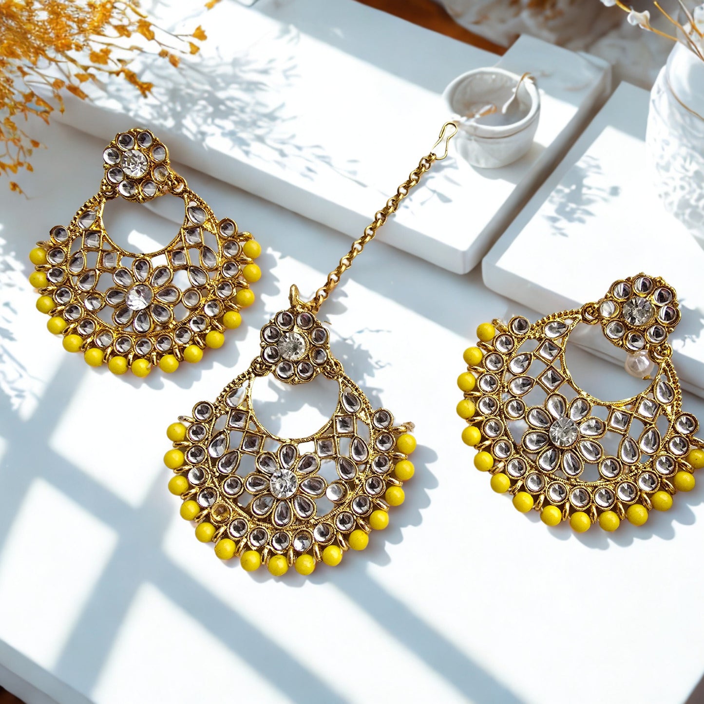 Yellow Kundan Chandbali Earrings with Mirror Work & Beads | Traditional Ethnic Earrings for Women