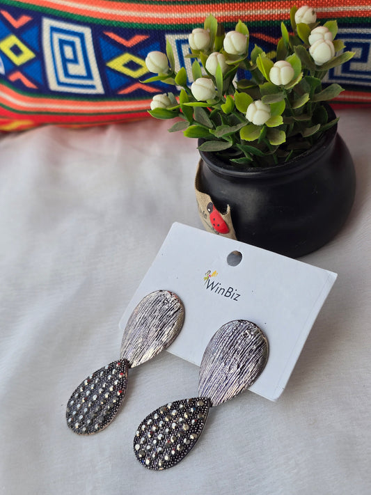 Silver-Tone Textured Drop Earrings with Rhinestone Dangle - Vintage Finish