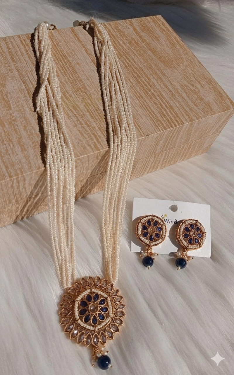 Multi-Strand Pearl & Blue Pendant Set