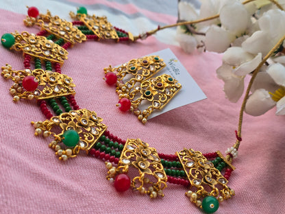Golden Set with Green Red Onyx Beads