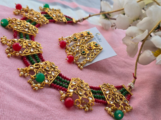 Kundan Red Green Meenakari Set