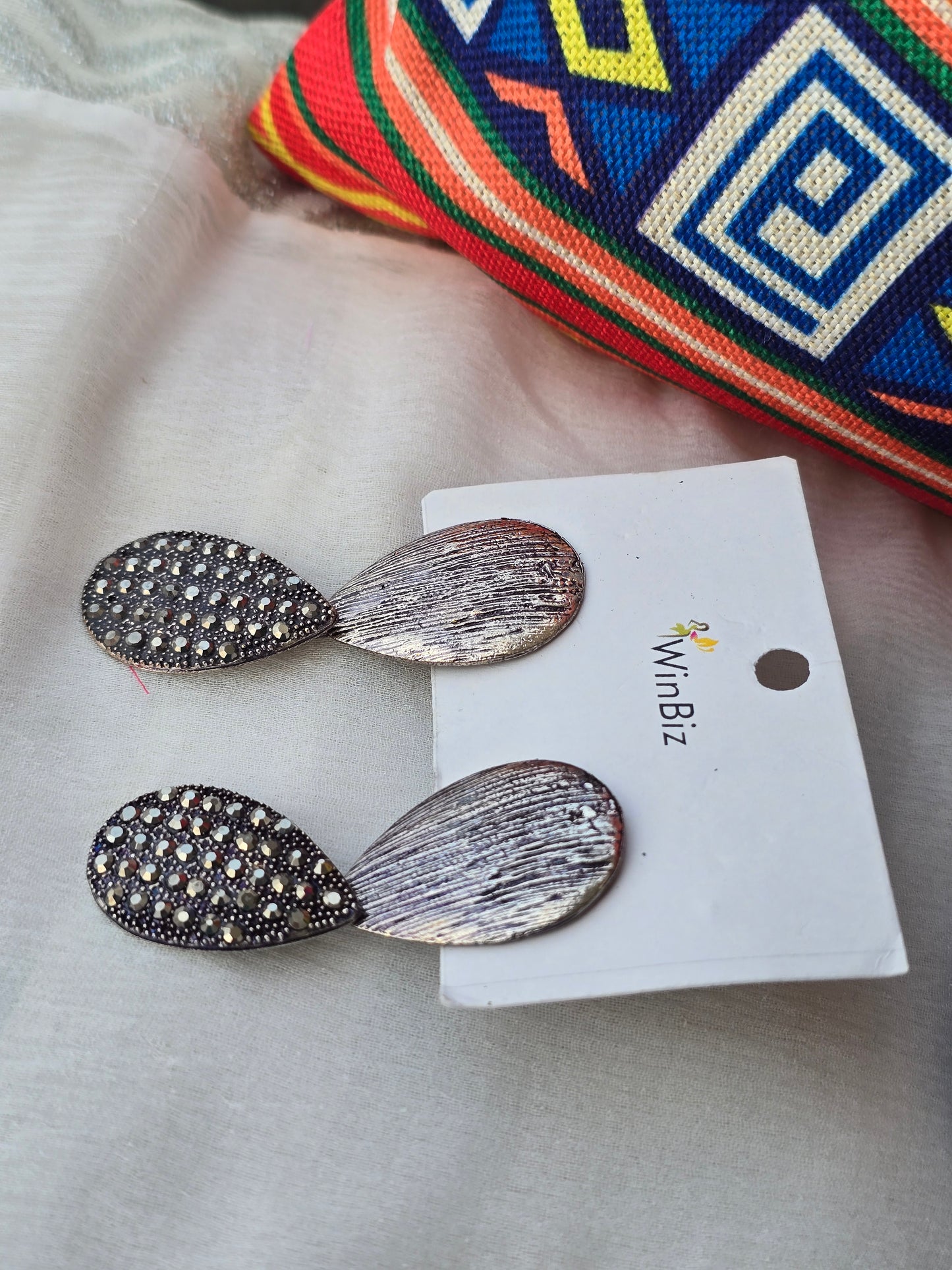 Silver-Tone Textured Drop Earrings with Rhinestone Dangle - Vintage Finish