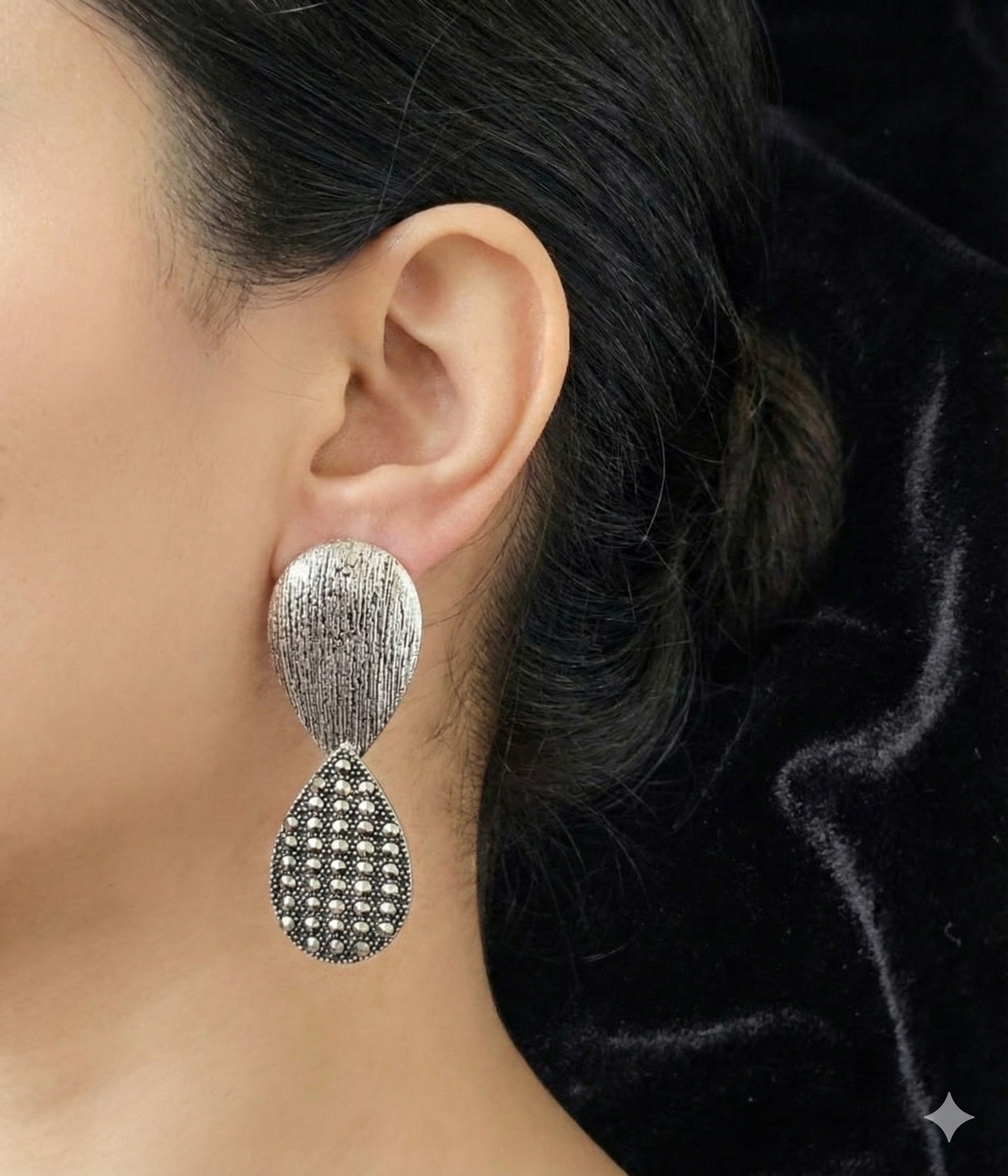 Silver-Tone Textured Drop Earrings with Rhinestone Dangle - Vintage Finish