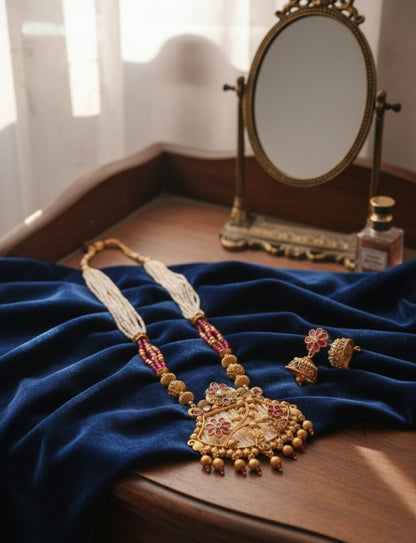 Multi-Strand Pearl and Ruby Pendant Set