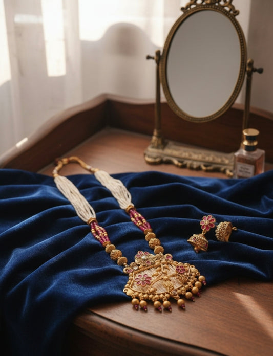 Multi-Strand Pearl and Ruby Pendant Set