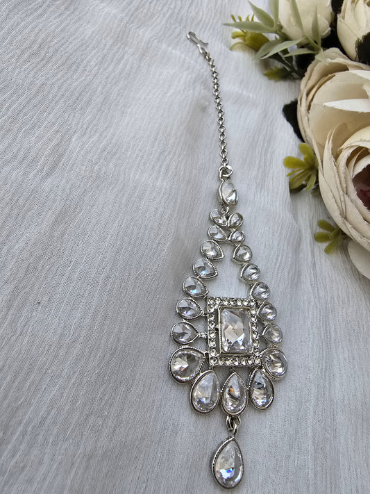 Silver Tone Polki Stone Tear Drop Maang Tikka