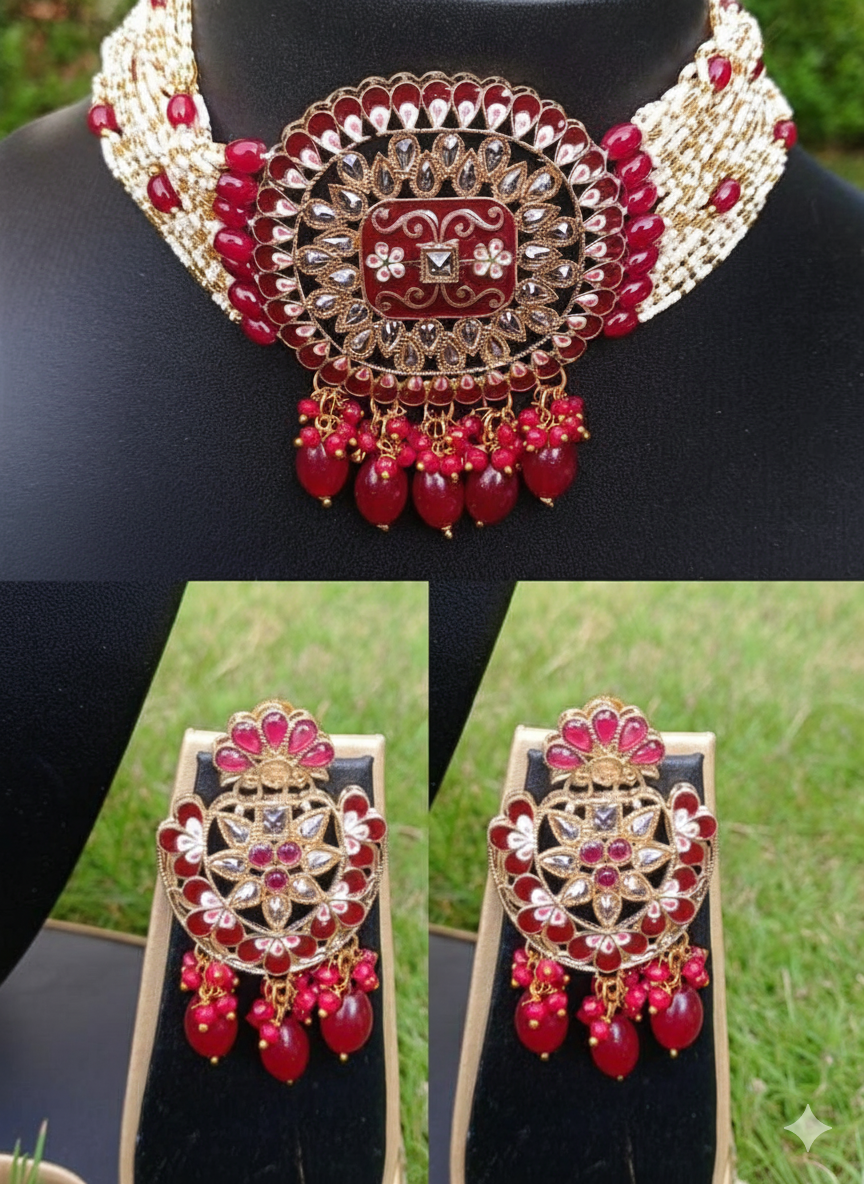Red choker with baby pearl strings set