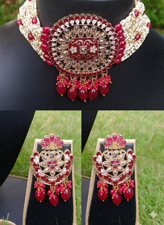 Red choker with baby pearl strings set