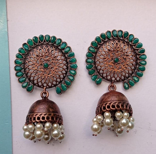 Oxidized Copper Green Pearl Jhumka Earrings