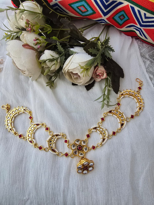 Kundan Ruby Stone Pearl Chandbali Matha Patti