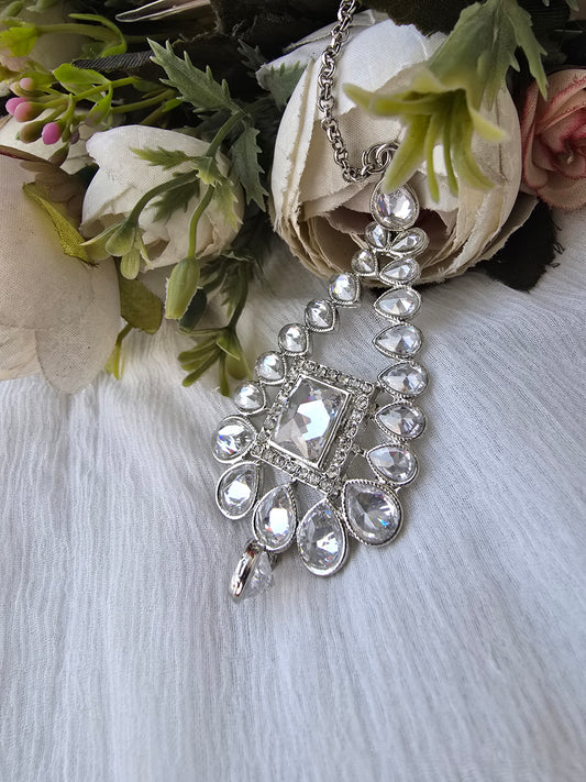 Silver Tone Polki Stone Tear Drop Maang Tikka