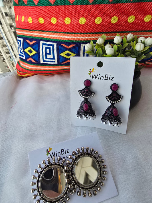 Silver Oxidized Mirror Work Stud Earrings
Black Enamel & Pearl Tassel Drop Earrings ( Earrings combo)