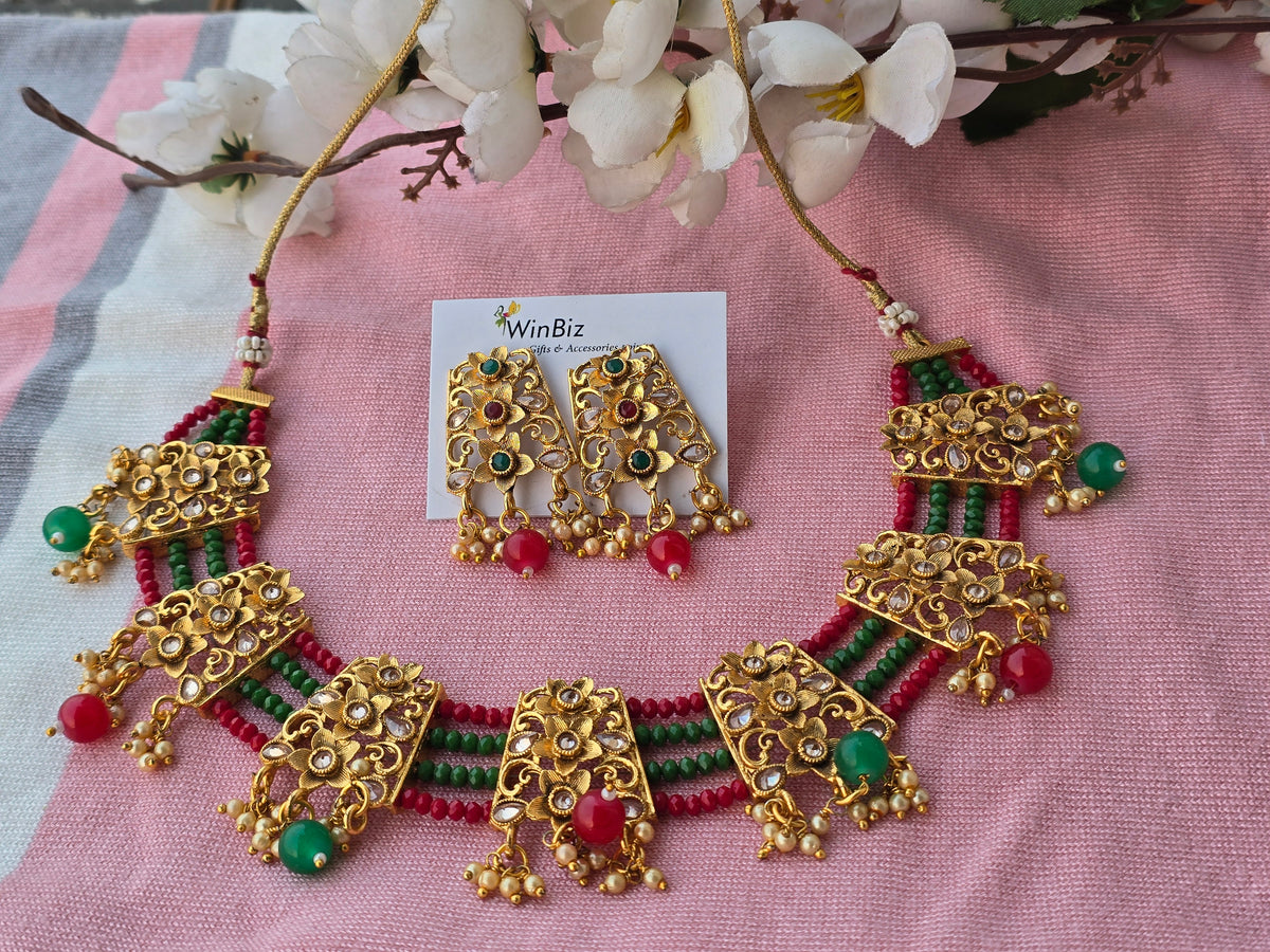 Golden Set with Green Red Onyx Beads