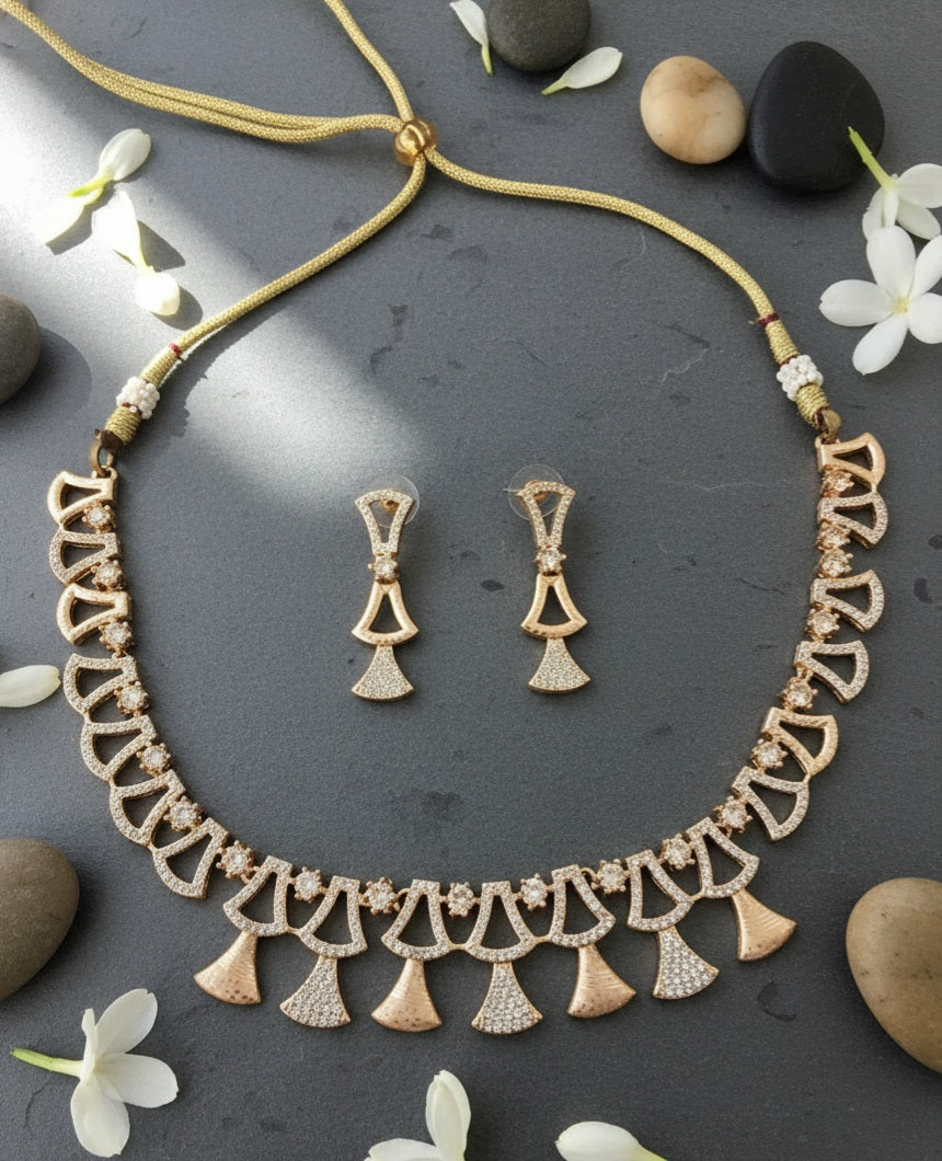 Rose Gold Pave Fan Choker Necklace Set