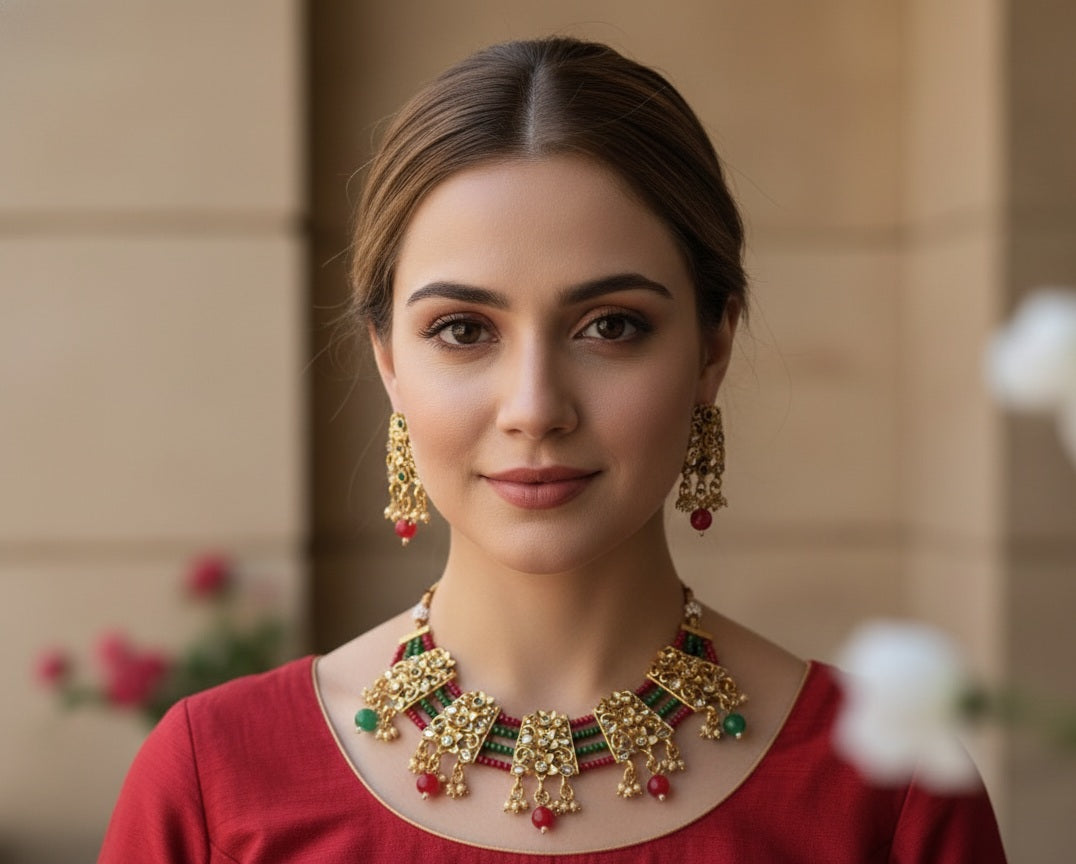 Golden Set with Green Red Onyx Beads