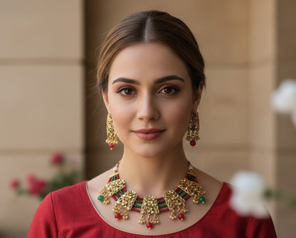Golden Set with Green Red Onyx Beads
