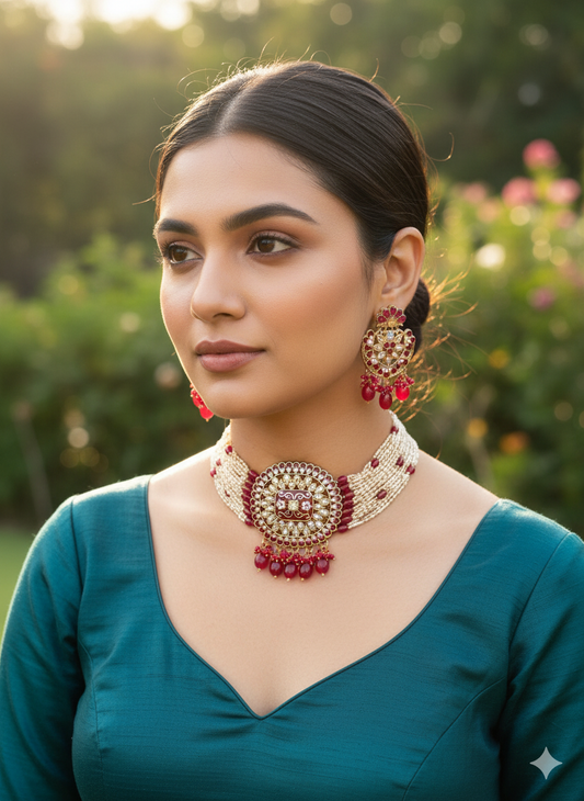 Red choker with baby pearl strings set