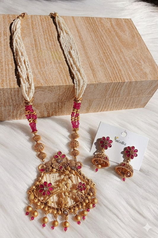 Multi-Strand Pearl and Ruby Pendant Set
