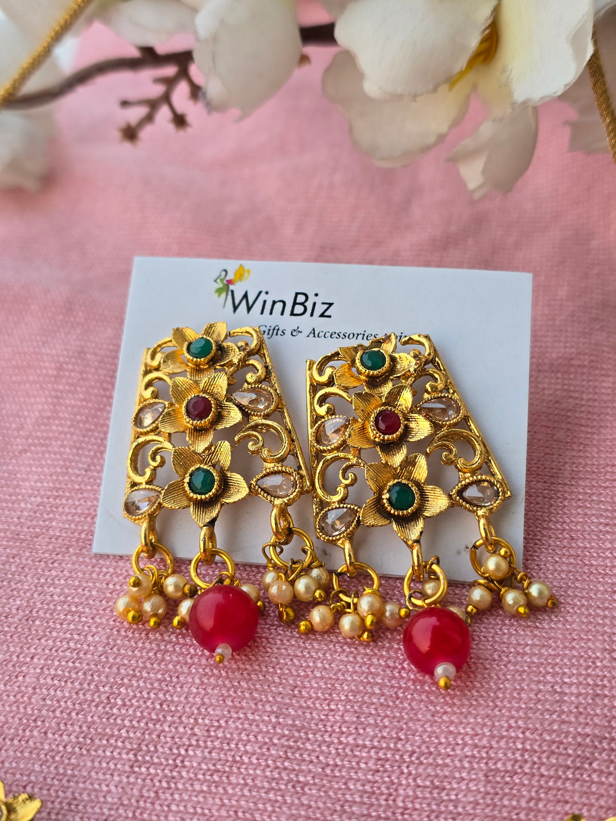 Golden Set with Green Red Onyx Beads