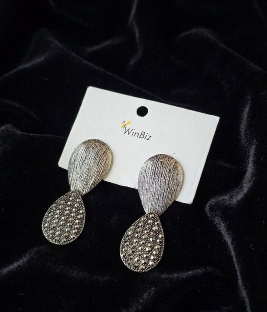 Silver-Tone Textured Drop Earrings with Rhinestone Dangle - Vintage Finish