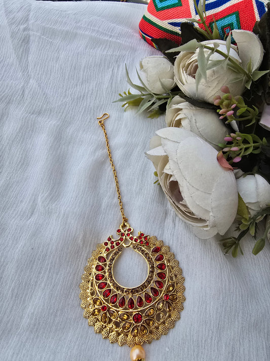 Gold Plated Maroon Drop Tikka