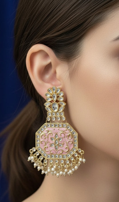 Kundan and Pink Meenakari Dangler Earrings
