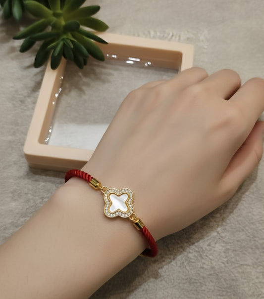 Mother-of-Pearl Clover Red Cord Bracelet