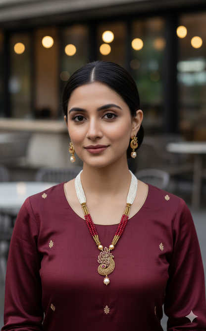 Red & White Beaded Peacock Set