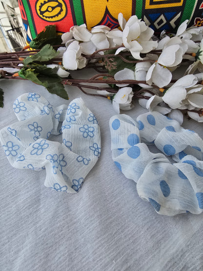 Pastel Blue Mesh Print Scrunchie Set of 2