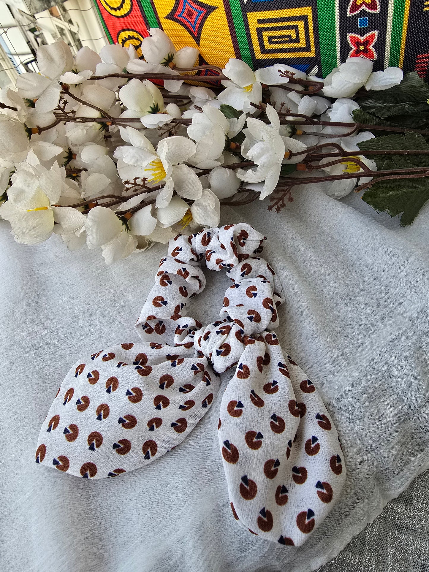White/Brown Dot Scrunchie
