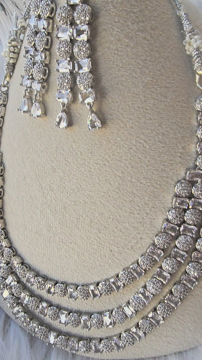 Luxury Triple Layer AD Necklace Set with Statement Earrings | Rhodium Plated Party Wear Jewelry for Women