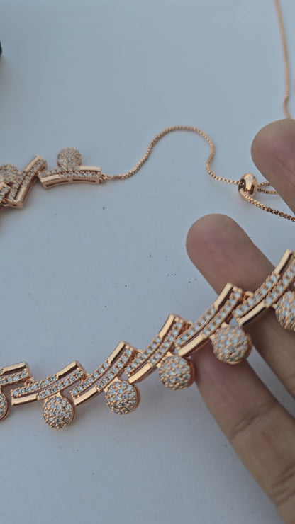 Rose Gold Adjustable AD Stone Necklace Set with Drop Motifs & Matching Earrings
