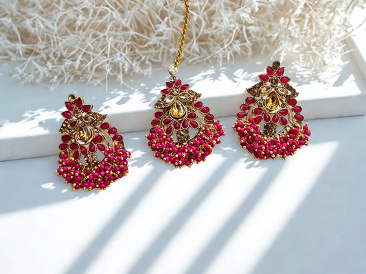 Pink Beads Maang Tika Set