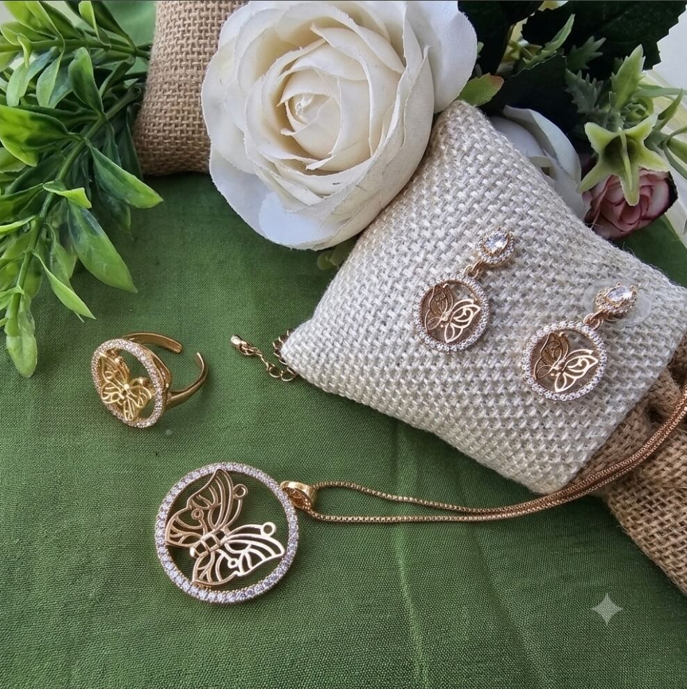 Rose Gold Butterfly Pendant Necklace Set with Earrings & Adjustable Ring | Premium AD Jewellery Set
