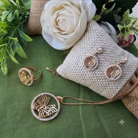 Rose Gold Butterfly Pendant Necklace Set with Earrings & Adjustable Ring | Premium AD Jewellery Set