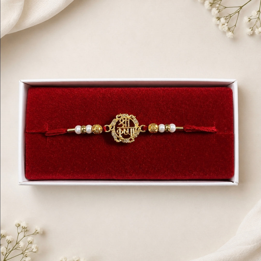 Designer Red Thread Rakhi with Pearl & Gold Beads with Roli Chawal| Sparkle Style