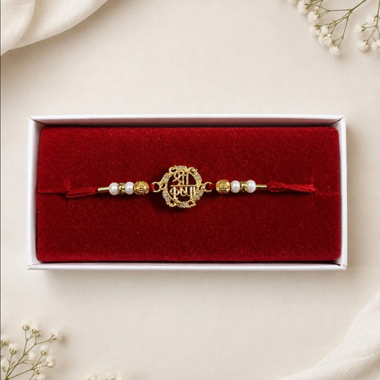 Designer Red Thread Rakhi with Pearl & Gold Beads with Roli Chawal| Sparkle Style