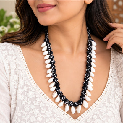 Handmade Black & White Fabric Bead Shell Necklace | Boho Jewellery