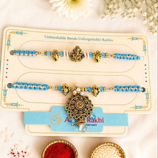 Blue Ganesha Bhai Bhabhi Rakhi Combo with Roli Chawal | Raksha Bandhan