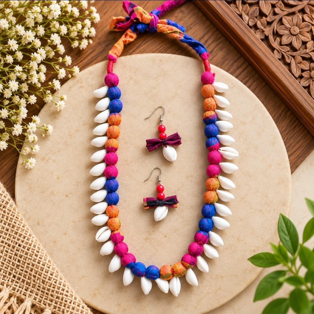 Handcrafted Shell Bead Necklace Set with Matching Earrings | Boho Jewelry