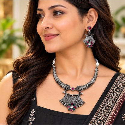 Oxidised Silver Statement Necklace Set with Matching Earrings