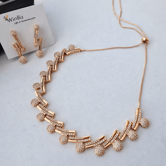 Rose Gold Adjustable AD Stone Necklace Set with Drop Motifs & Matching Earrings