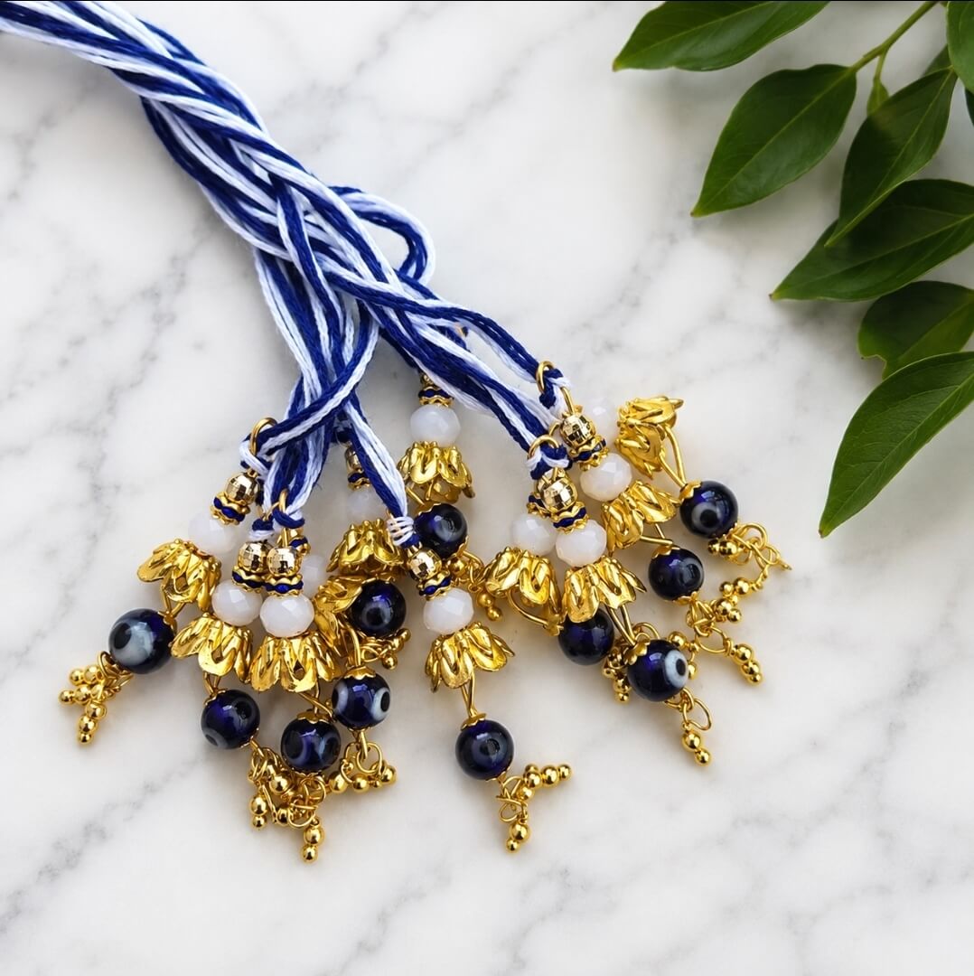 Evil Eye Lumba for Bhabhi with Blue Beads & Golden Tassels | Designer Bhabhi Rakhi
