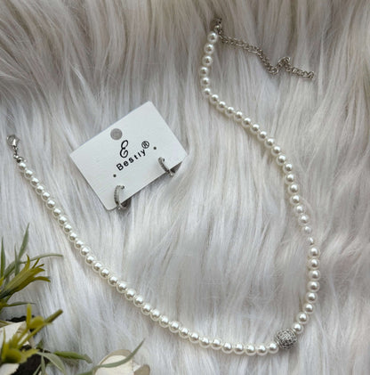 Elegant Pearl Necklace Set with Crystal Accent & CZ Bali Earrings | Party Wear Jewelry Set