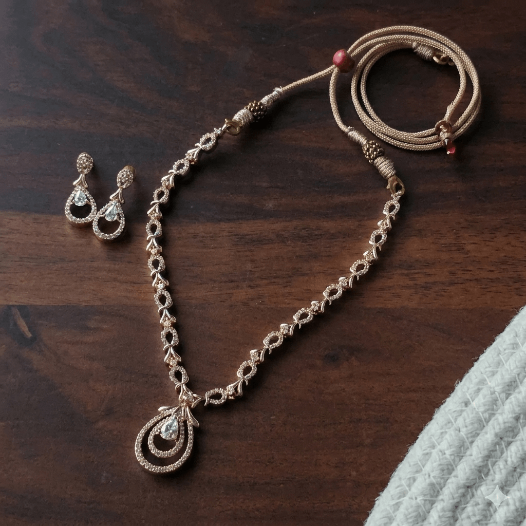 Elegant Pendant Necklace Set with Matching Earrings | Rose Gold Finish Stone Studded Party Wear Jewelry Set for Women