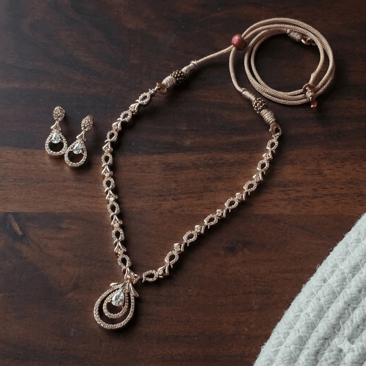 Elegant Pendant Necklace Set with Matching Earrings | Rose Gold Finish Stone Studded Party Wear Jewelry Set for Women