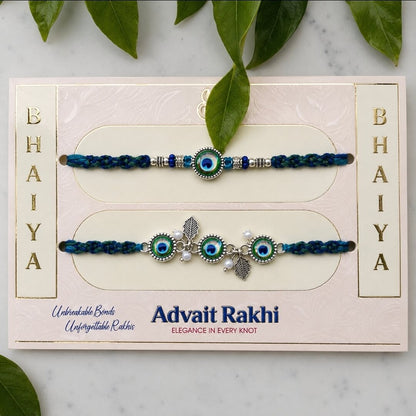 Peacock Feather Bhai Bhabhi Rakhi Set with Roli Chawal | Designer Raksha Bandhan Rakhi Combo