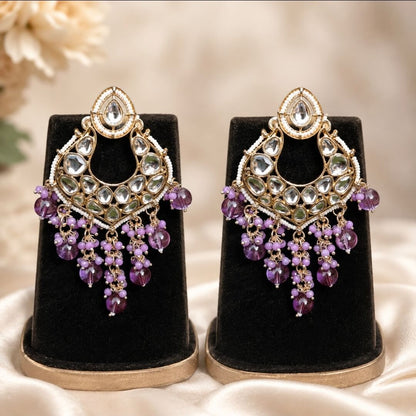 Kundan Chandbali Earrings with Pearl & Beaded Drops | Purple & Teal