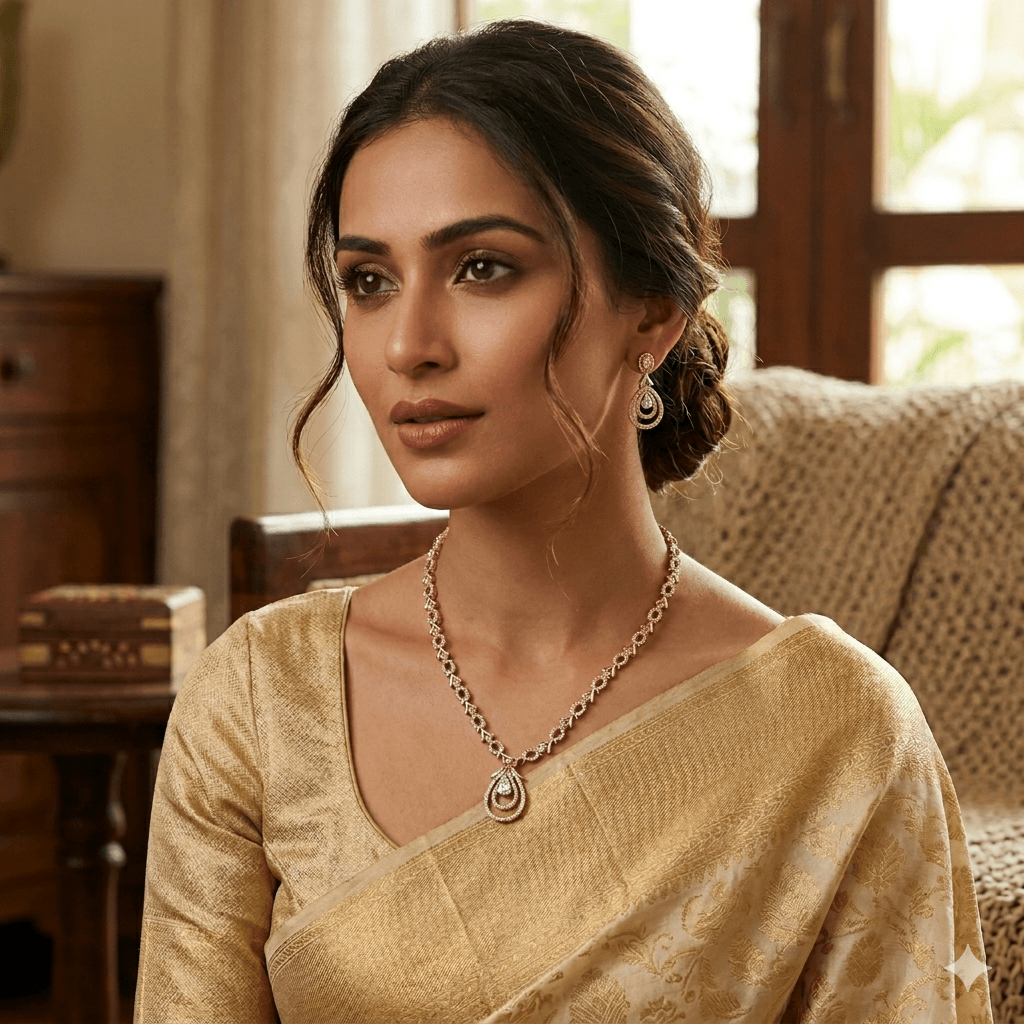Elegant Pendant Necklace Set with Matching Earrings | Rose Gold Finish Stone Studded Party Wear Jewelry Set for Women
