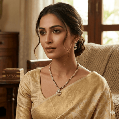 Elegant Pendant Necklace Set with Matching Earrings | Rose Gold Finish Stone Studded Party Wear Jewelry Set for Women